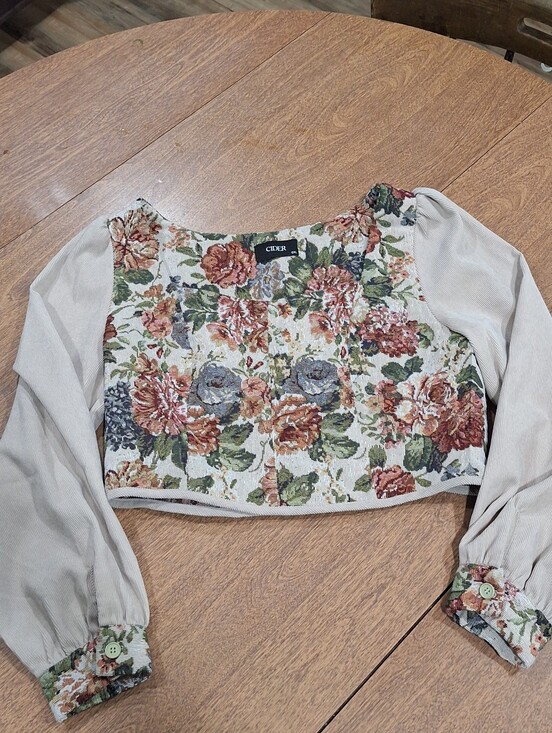 Cider Tops - Cider Floral Tapestry Crop Top in Beige, Rose, Green